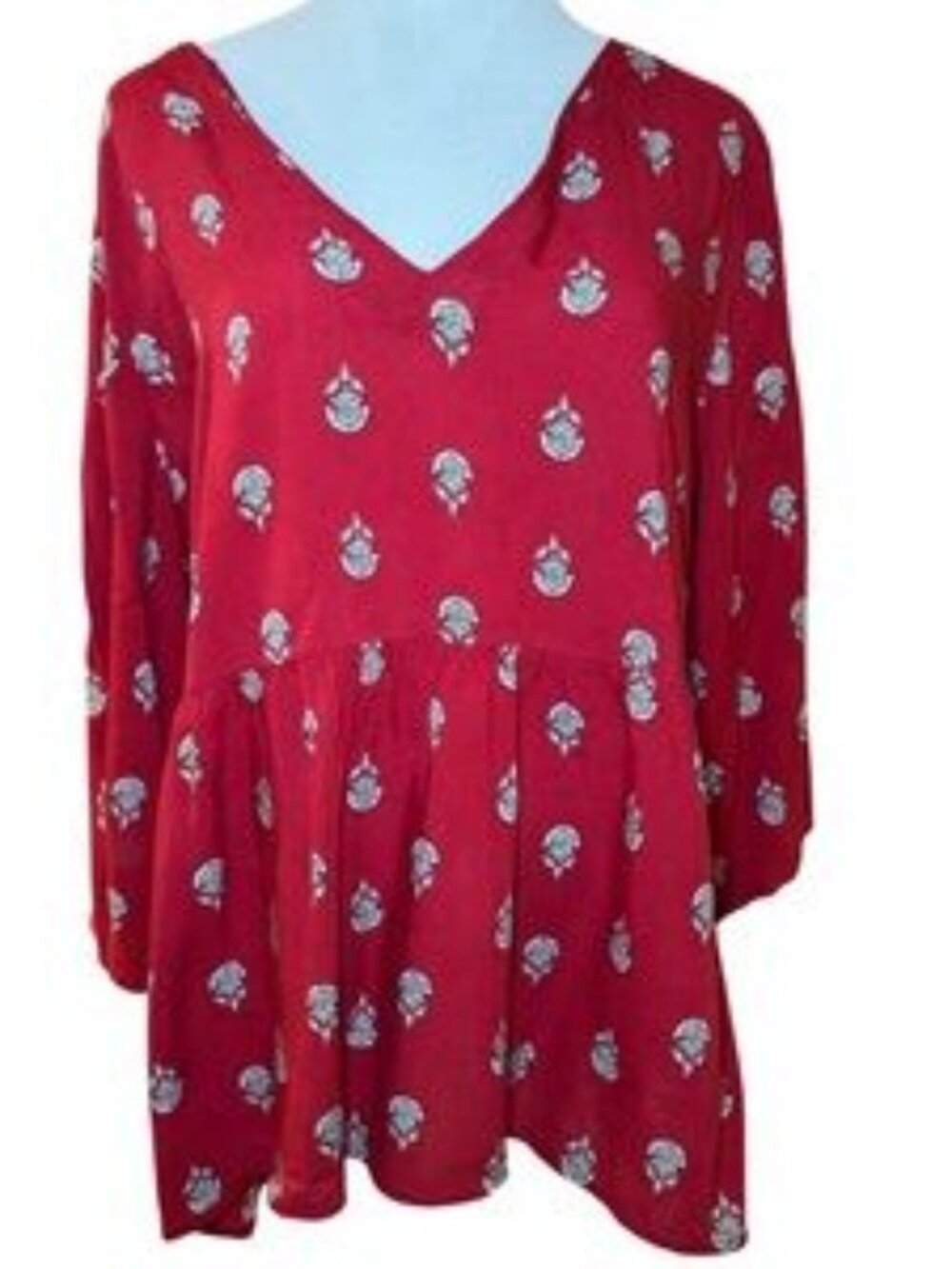 Red Floral 3/4 Sleeve V-neck Peplum Blouse